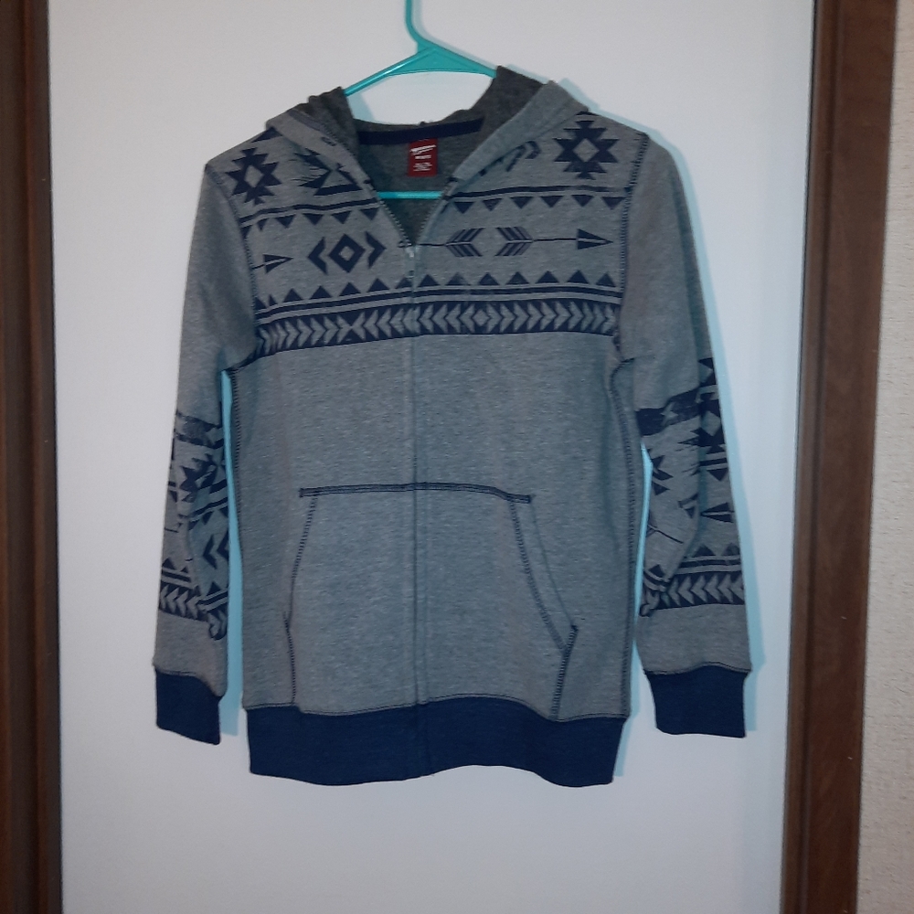 Boys Arizona Jacket with Hood.  Size M 10/12 Color is Gray with a Navy Print.